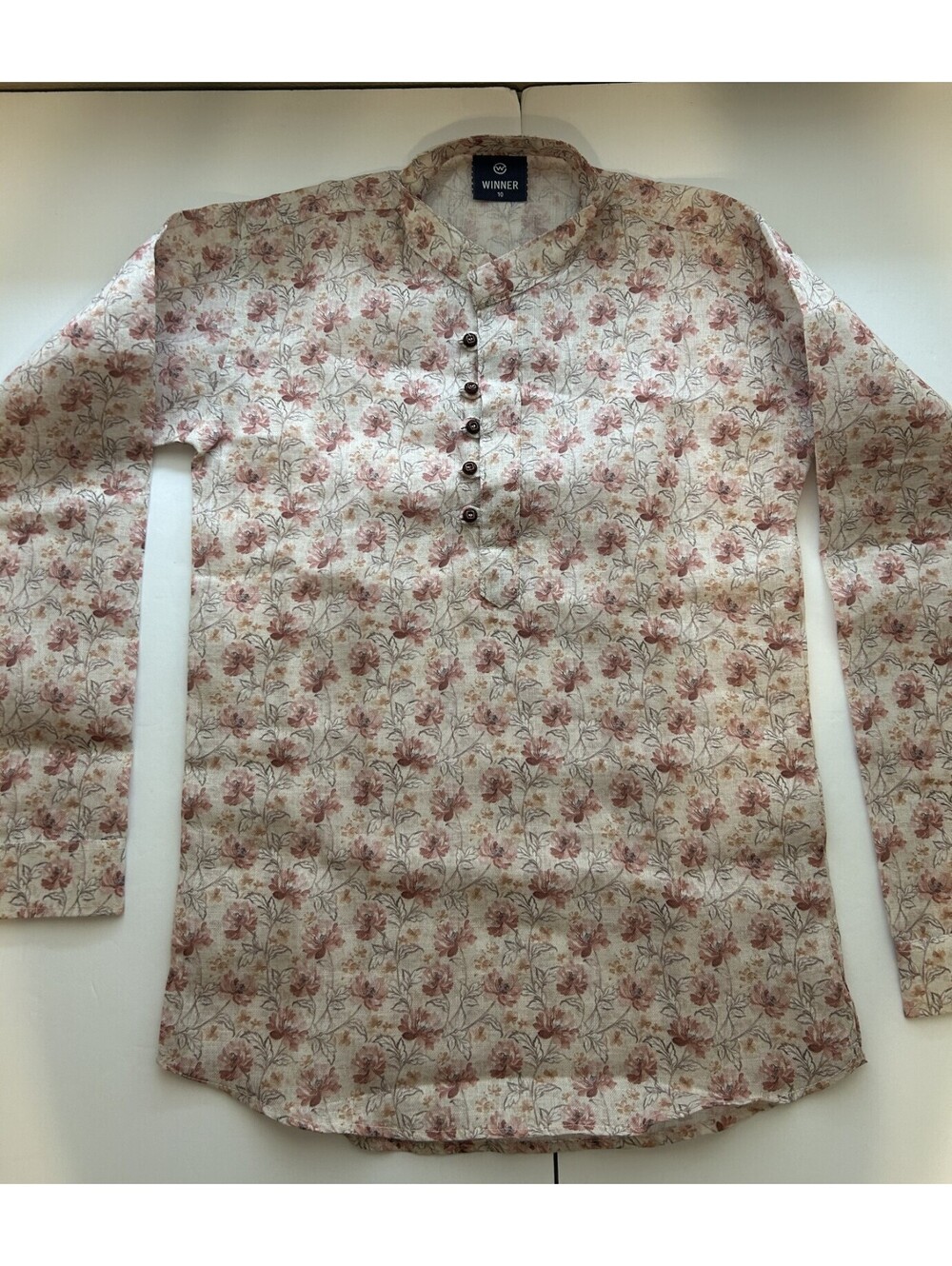 WINNER size 10 Mandarin Collar Floral Print Kids' Kurta Pink & Brown Blossoms
